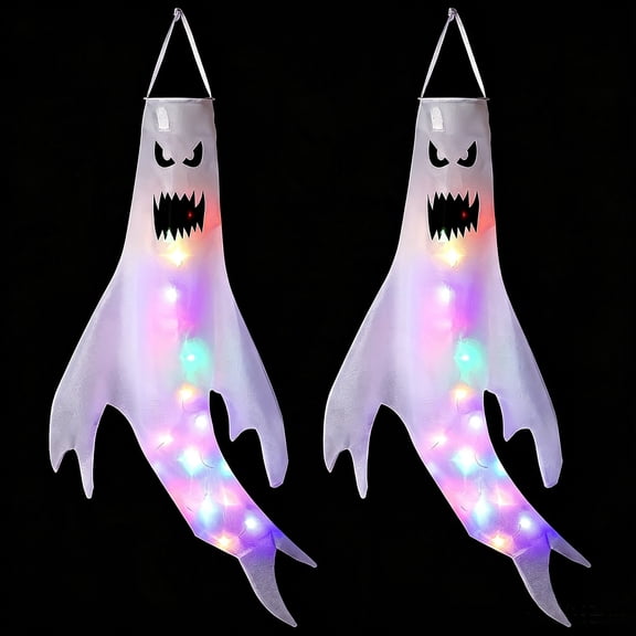 Ghost Windsocks Hanging Decorations, 2pcs LED Lights 49 inch Specter Ghost Windsock Flag Decor for Home Yard Outdoor Decor Party Supplies