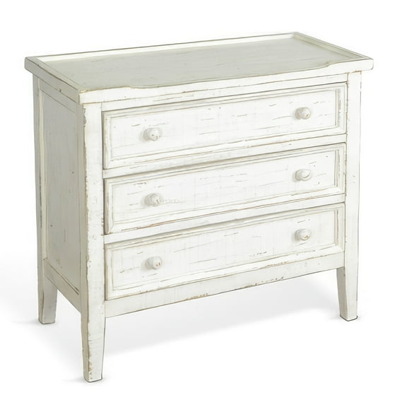 Rena Side End Table with 3 Drawers, 28 Inch Rustic White Mahogany Wood