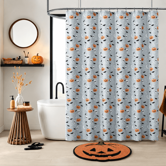 Way to Celebrate Skull & Bones 14-Piece Bath Set with Curtain, Bath Rug, and Hooks, 72" x 72" & 21" x 18"