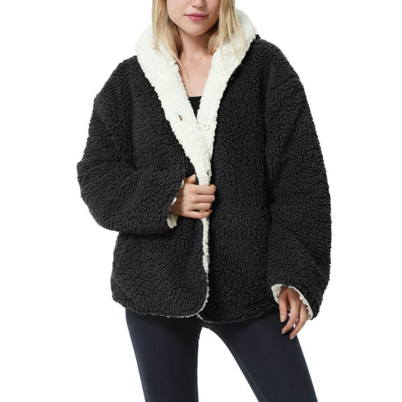 Catalonia Black Sherpa Hooded Winter Coats for Women, Super Soft Comfy Foxy Plush Reversible Casual, Jackets for Women, Black