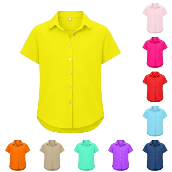 LIIPEE Girls Button Down Shirts Short Sleeve Solid Color Turn Down Collar Blouses Kids Casual Fashion Breathable Cute Summer Tops,13-14 Years