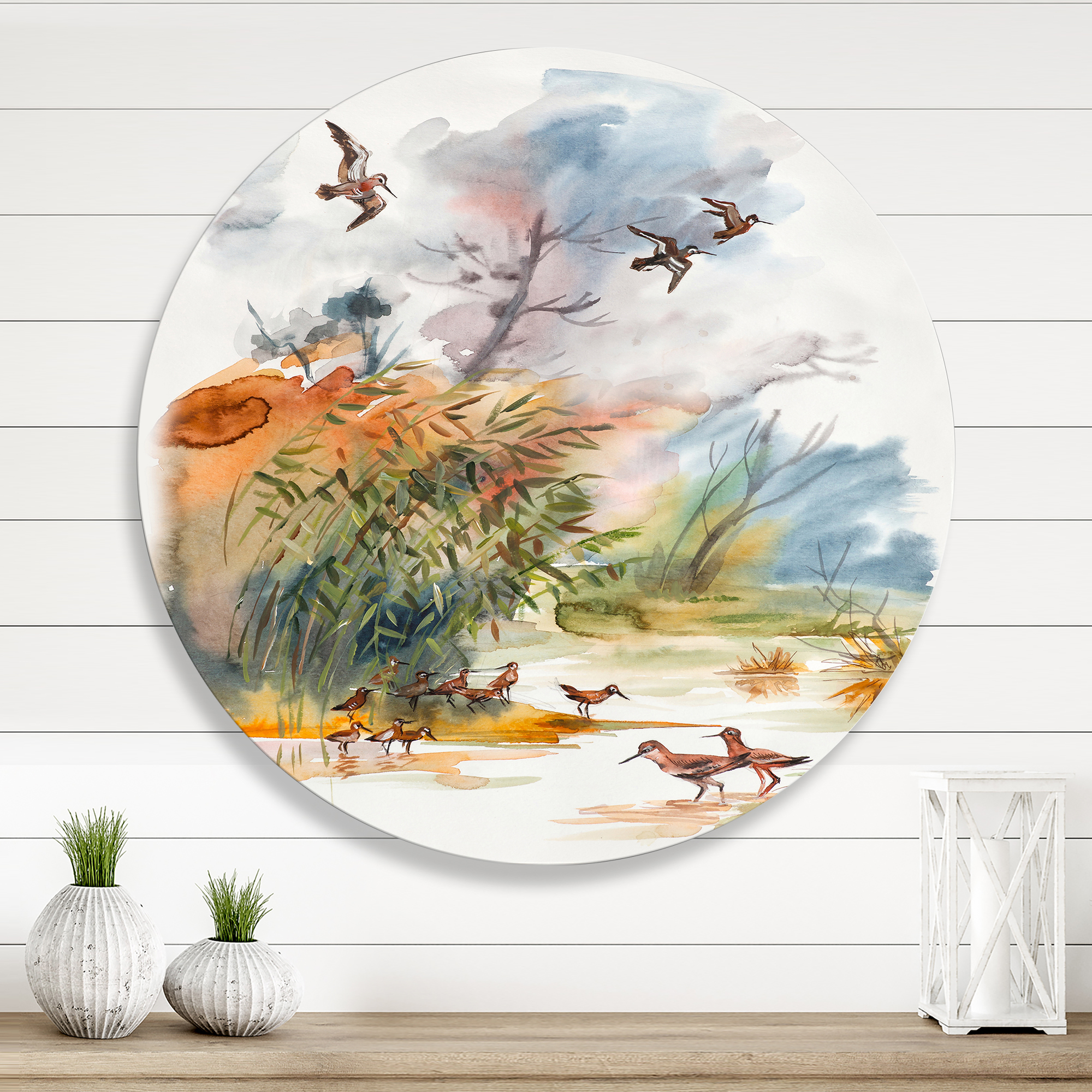 Designart 'Flying Over The Water With Autumn Landscape' Traditional Circle Metal Wall Art 23x23 - Disc of 23