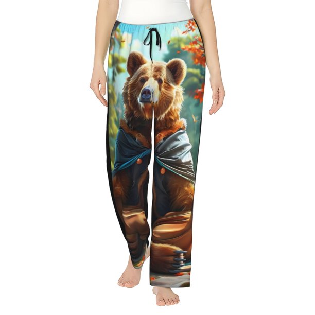 Fotbe Maple Meditating Bear Pantalones de Pijama para Mujer, Pantalones de Dormir, Pantalones Pj con Cordón y Bolsillos-X-Large