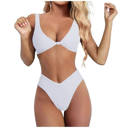 Emitonse Bikini Set for Women Solid V Neck Knot Front Push Up High Leg Thong Two Piece Swimsuit (S  White )