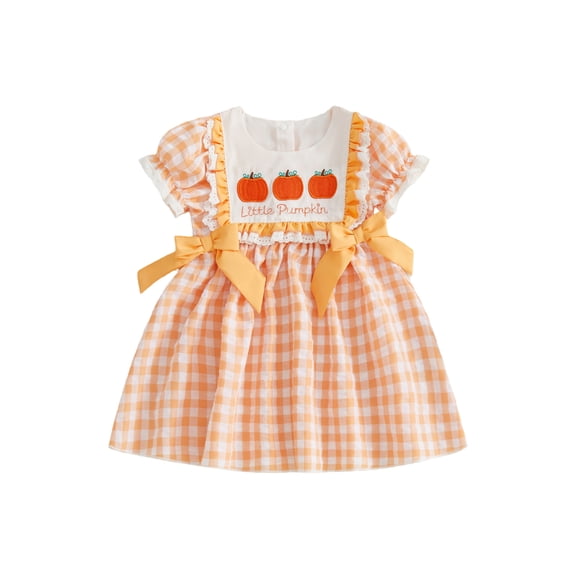 RUINIXCW Toddler Baby Girl Halloween Dress Infant Baby Girl Summer Fall Dress Clothes Pumpkin Embroidery Collar Puff Short Sleeve Dress with Bow