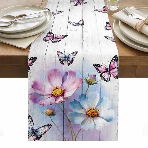 Pink Blue Floral Table Runner - 90 Inch Long, Kitchen Dining Table Runner Dresser Scarves, Butterflies Vintage Oil Painting Wooden Farmhouse Decor for Coffee Tables Wedding Party Banquet