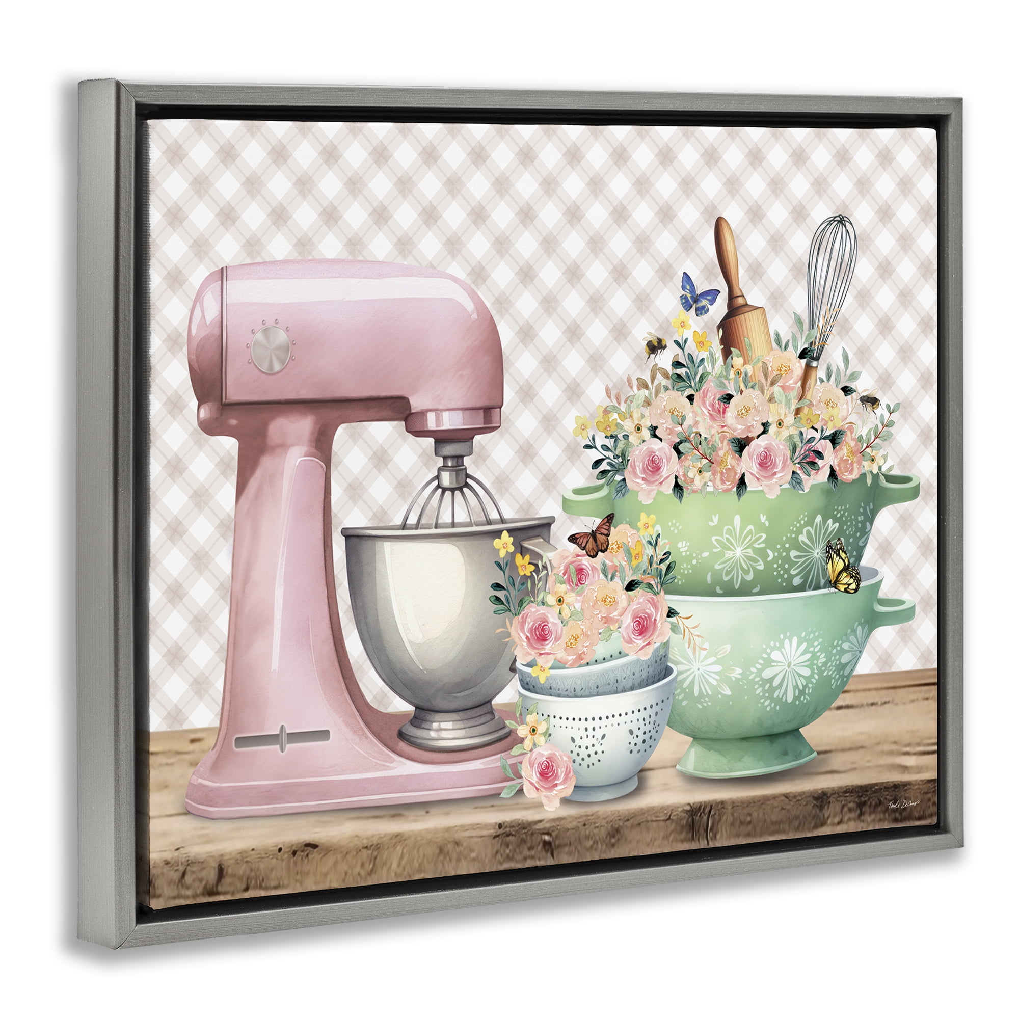 Stupell Industries Floral Gingham Kitchen Food & Beverage Painting Gray Floater Framed Canvas Art Print Wall Art, 21 x 17