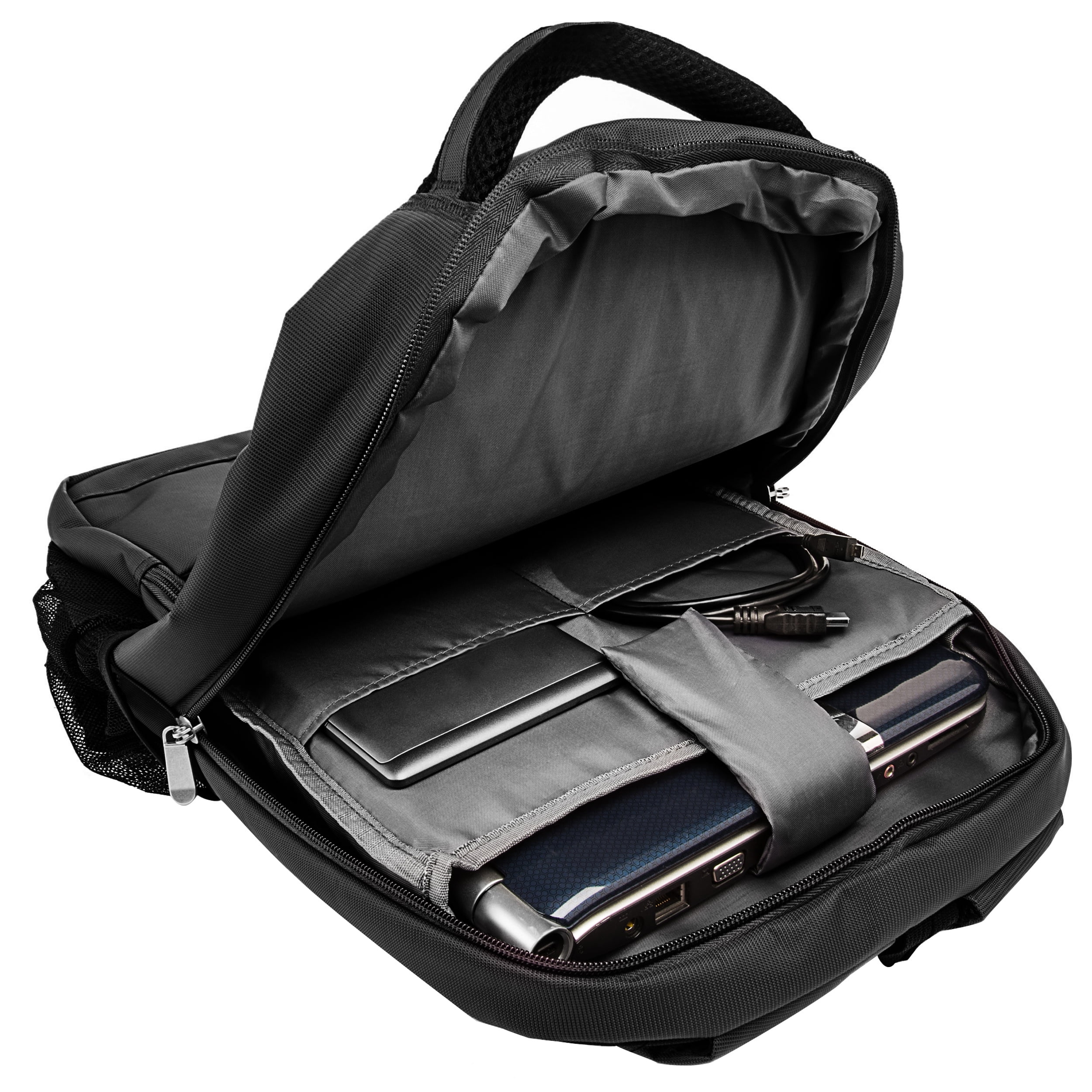 Multi-Compartment Premium Nylon Backpack With Adjustable Padded Straps, Zippered Pockets And Universal Neoprene Smart Sleeve for 15 Inch Laptops / Tablets Bundle (Black)(Navy Blue)