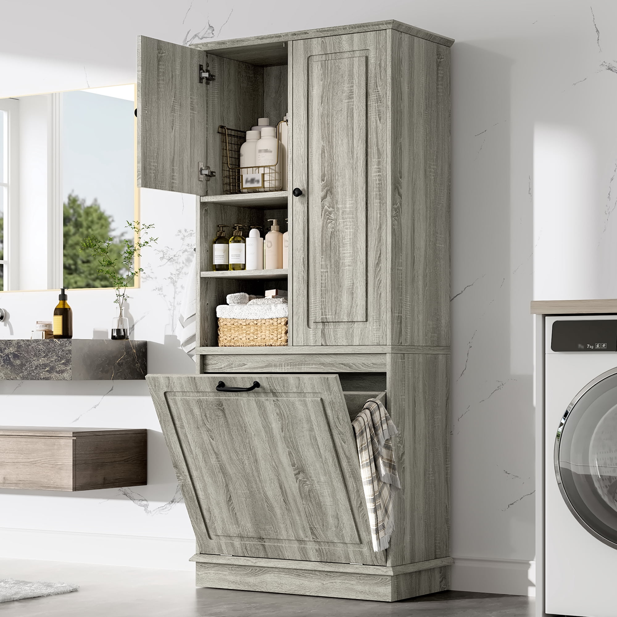 Tall Storage Cabinet with Adjustable Shelves, Large Flip-Out Basket & Enclosed Cabinets – Perfect for Bathroom, Living Room, or Office, MDF Material with Aluminum Alloy Handles