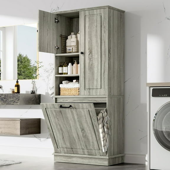 Euroco Tall Storage Cabinet with Adjustable Shelves, Large Flip-Out Basket & Enclosed Cabinets – Perfect for Bathroom, Living Room, or Office, MDF Material with Aluminum Alloy Handles