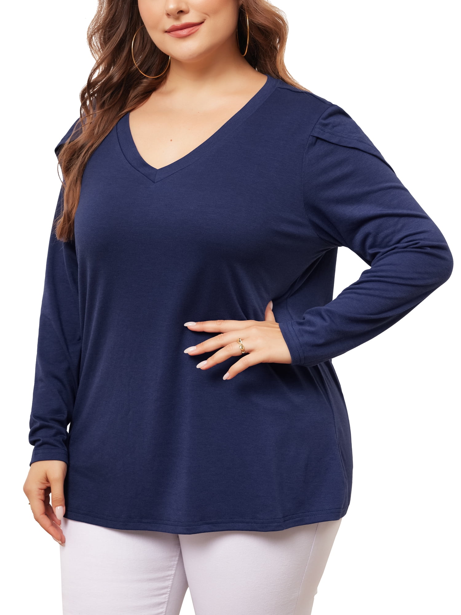 DARING DIVA Women's Plus V Neck Tulip Long Sleeve T-Shirt Casual Blouses 3X Navy Blue
