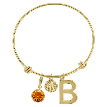 - Initial Charm Bracelet With Citrine Crystal Birthstone, For November Babies
