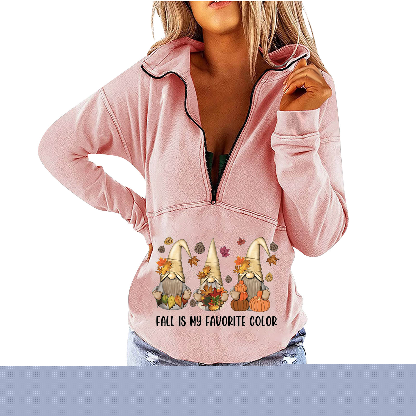 thumbnail image 1 of Sudadera con cuello en V para mujer, bonita sudadera recortada con cremallera para entrenamiento, Tops de Acción de Gracias para mujer Pompotops FGAJ19682, 1 of 5