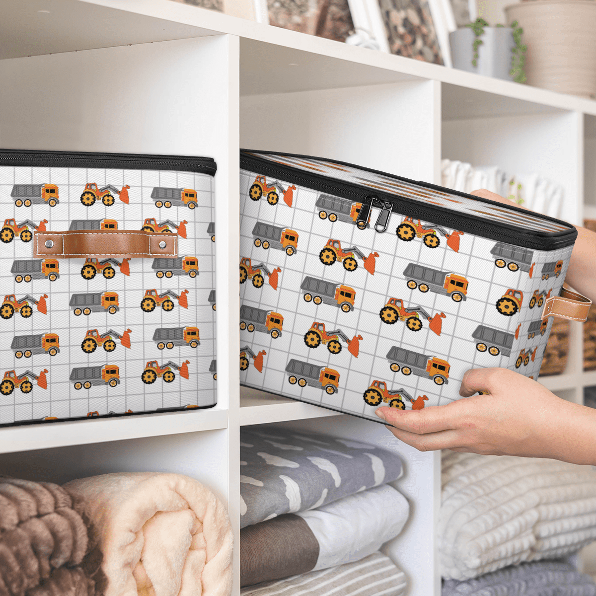 Storage Bins with Zipper Lid,Collapsible Organizer Box for Bedroom Living Room,Toys Clothes Pet Stuff, Construction Vehicle Print 14x10.2x10.4 Inch