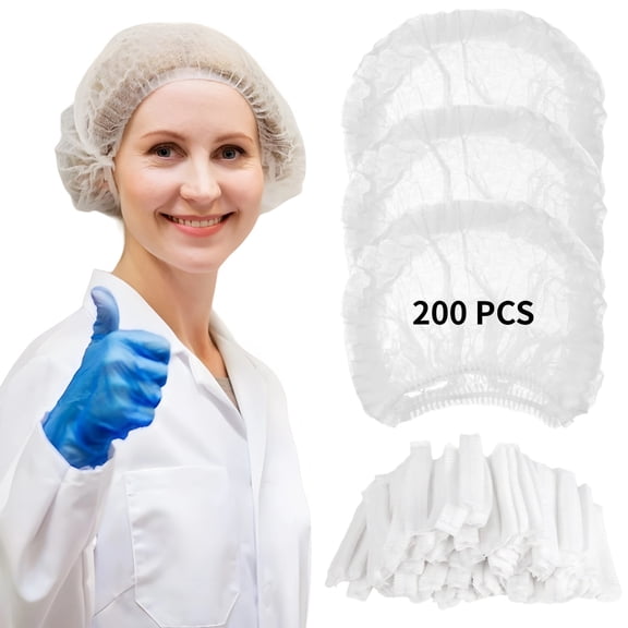 Pack of 200 Disposable Bouffant Caps, Non-woven Hair Nets, Disposable Elastic Caps for Men & Women, Head Cover Nets for Food Service, Labs, Hospital, Salon, Kitchen, 21" White