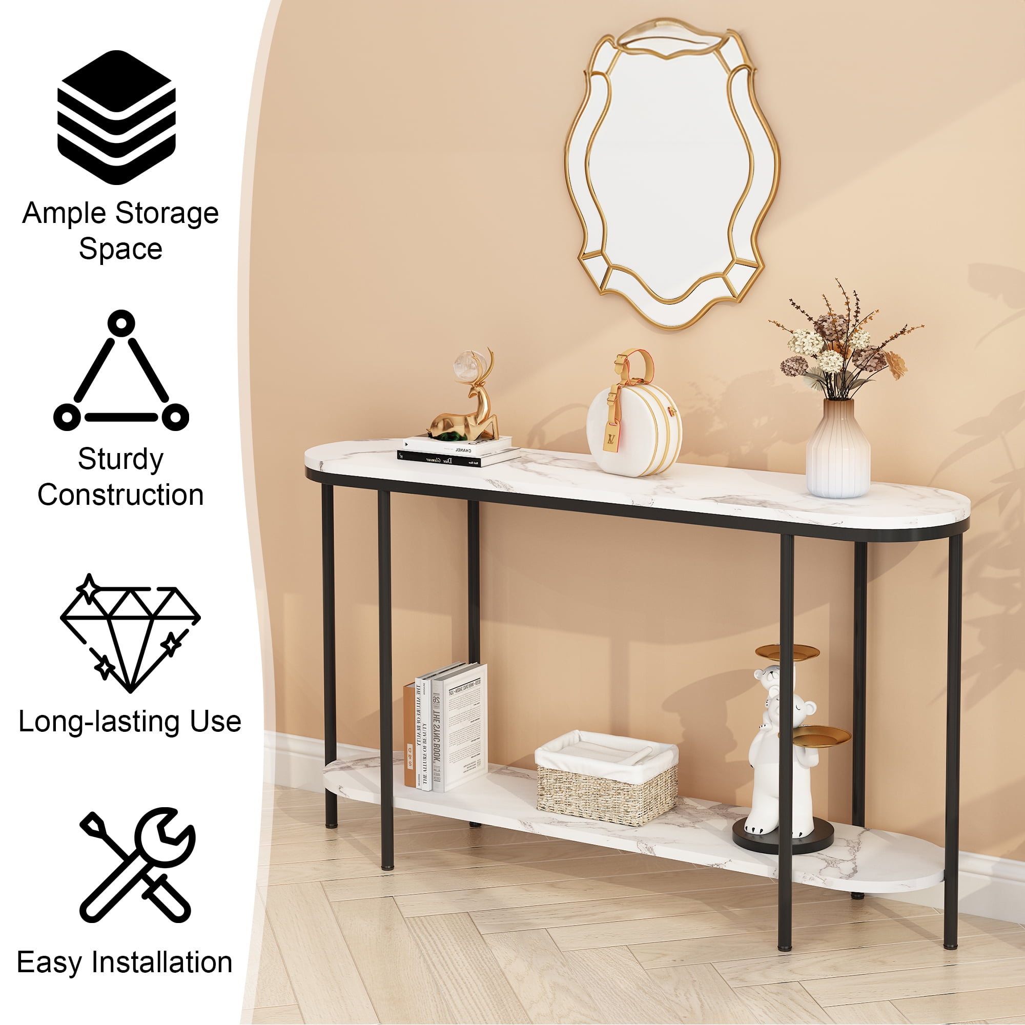 Ktaxon Entryway Table 2 Tier for Entrance, Sofa Coffee Desk Home Furniture with Storage Shelves, Metal Artificial Marble Black & White