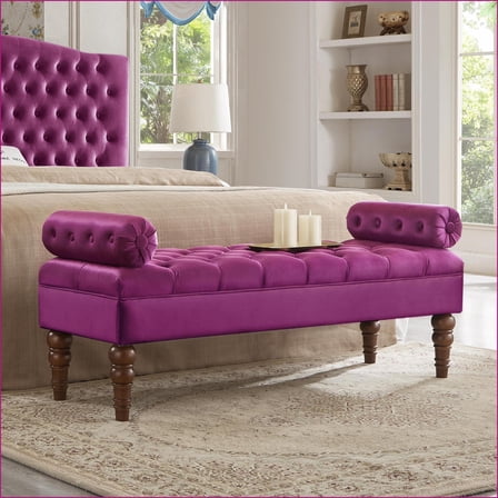Upholstered Classical Tufted Bench with Armrests | Solid Wood Legs | Bedroom Entryway Living Room | Violet | Velvet