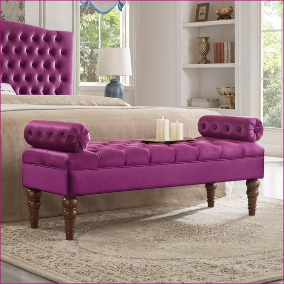 Upholstered Classical Tufted Bench with Armrests | Solid Wood Legs | Bedroom Entryway Living Room | Violet | Velvet