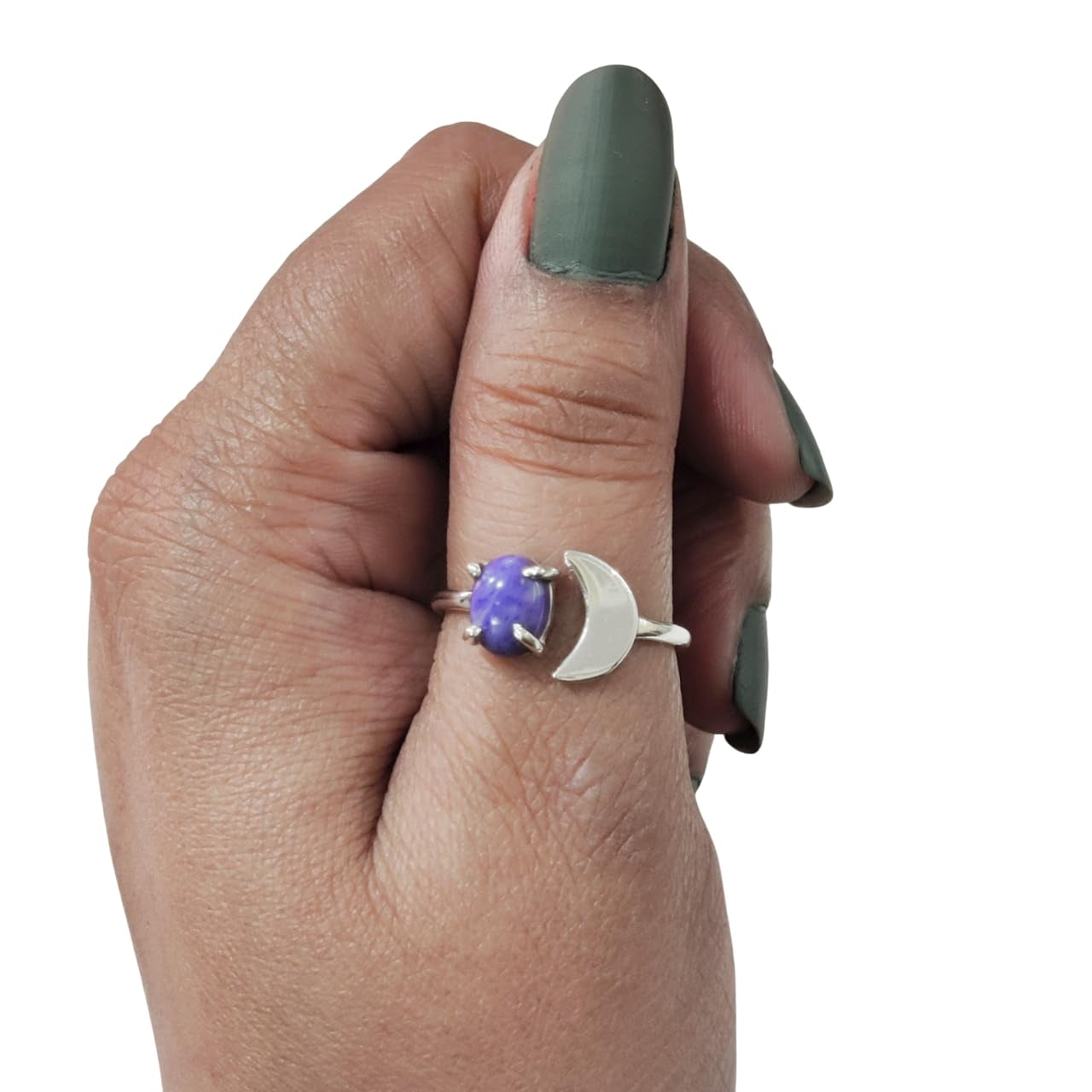 Natural Charoite Ring, Purple Charoite Gemstone Ring, Genuine Birthstone, Crescent Moon Adjustable Ring, Toe Ring, 925 Sterling Silver, Women Ring, Christmas, Thanksgiving, Handmade Statement Jewelry