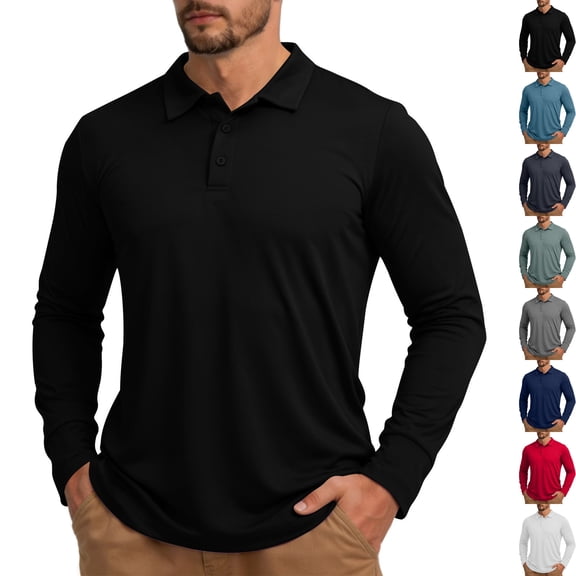Mens Long Sleeve Golf Shirts 3 Button Collared Performance Shirt Lightweight Quick Dry Stretch Top for Golf Work Office,L,Black