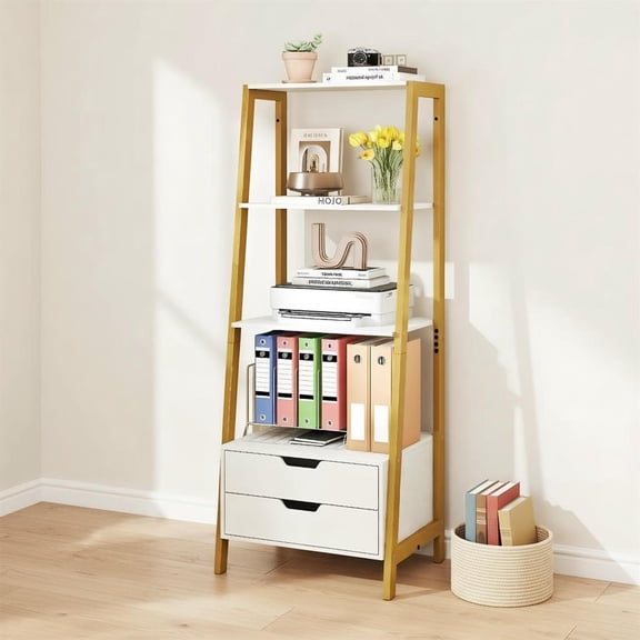 Topcobee 4-Tier Ladder Shelf with 2 Drawers 52.5 Inch Tall Freestanding Bookcase, Modern Furniture for Home Office-White