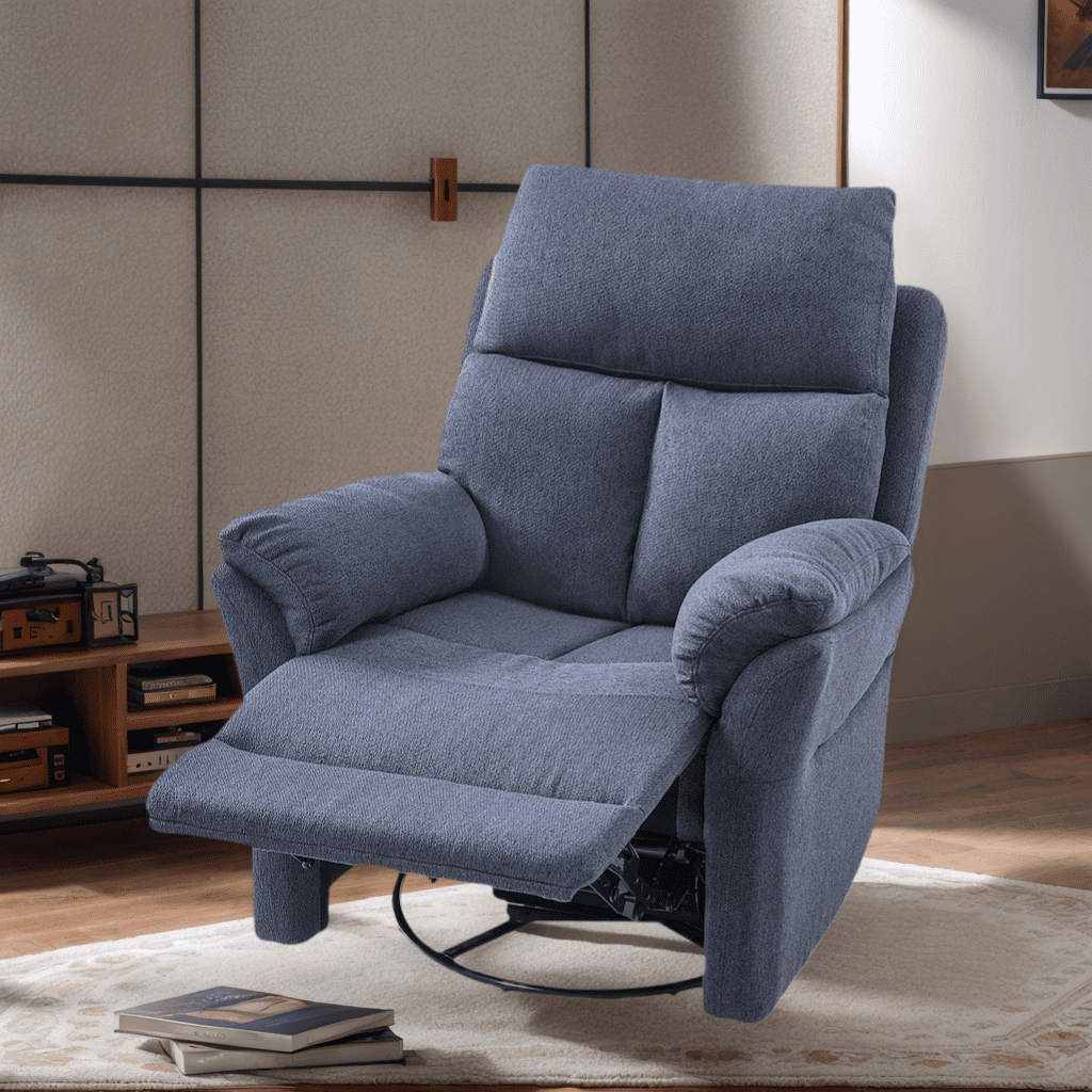 Gewnee 360° Swivel Glider Rocking Recliner Chair, Manual Adjustable Upholstered Fabric Recliner for Living Room and Home Theater, Blue Gray