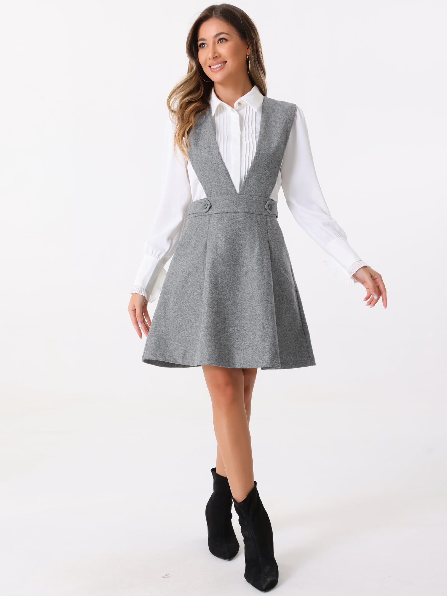 DARING DIVA Women's V Neck A Line Above Knee Pinafore Dress L Gray