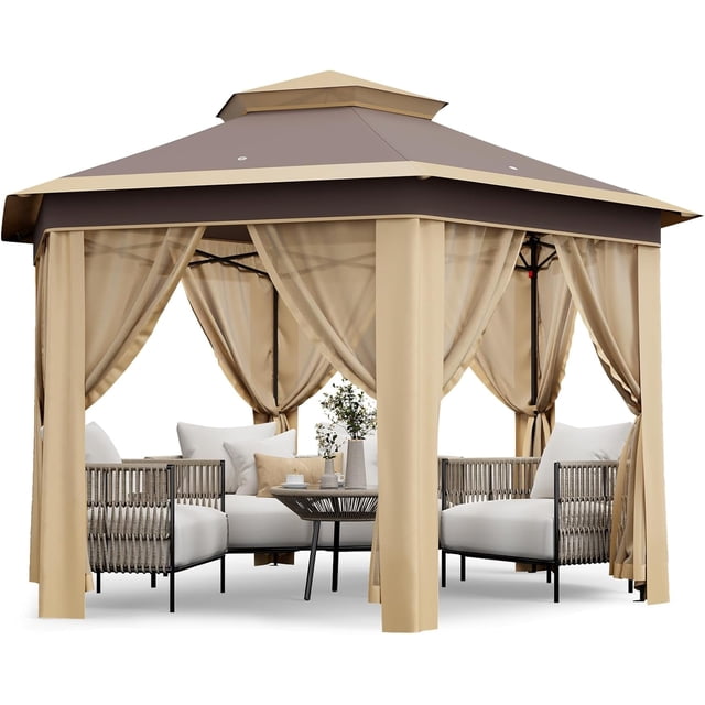 Garvee Carpa Tipo Mirador Plegable de 79,5", Carpa con Dosel Emergente y Mosquitera, Doble Capa, Caqui y beige