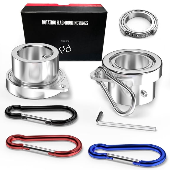 FIASON 2 Pack Flag Pole Rings,Silver Aluminum Alloy Flagpole Rings 360° Rotating Anti Wrap Mounting Ring with Colored Metal Clips for 0.75-1.00 Inch Diameter Flagpole