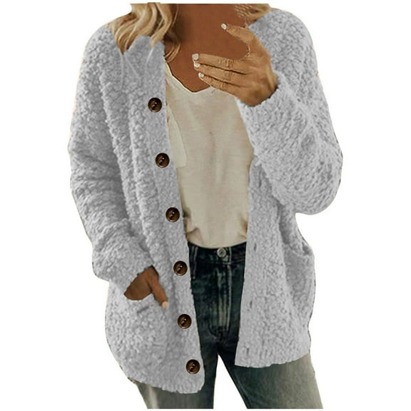 Qeaghou Women Sherpa Jacket Fuzzy Teddy Coat Plus Size Fleece Lined Warm Winter Puffy Button Down Cardigan Jackets S-5XL
