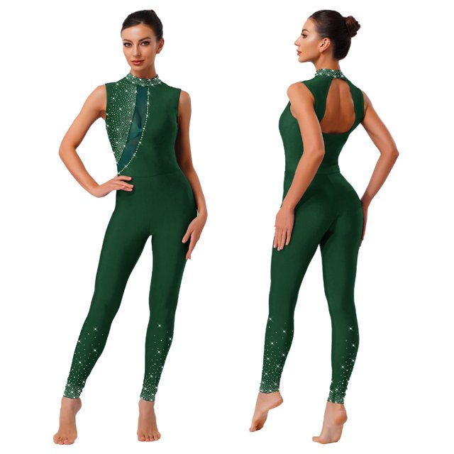 Fldy Womens Sparkly Rhinestone Gymnastics Romper Sleeveless Unitard for Rhythmic Dance Competition Dark Green L
