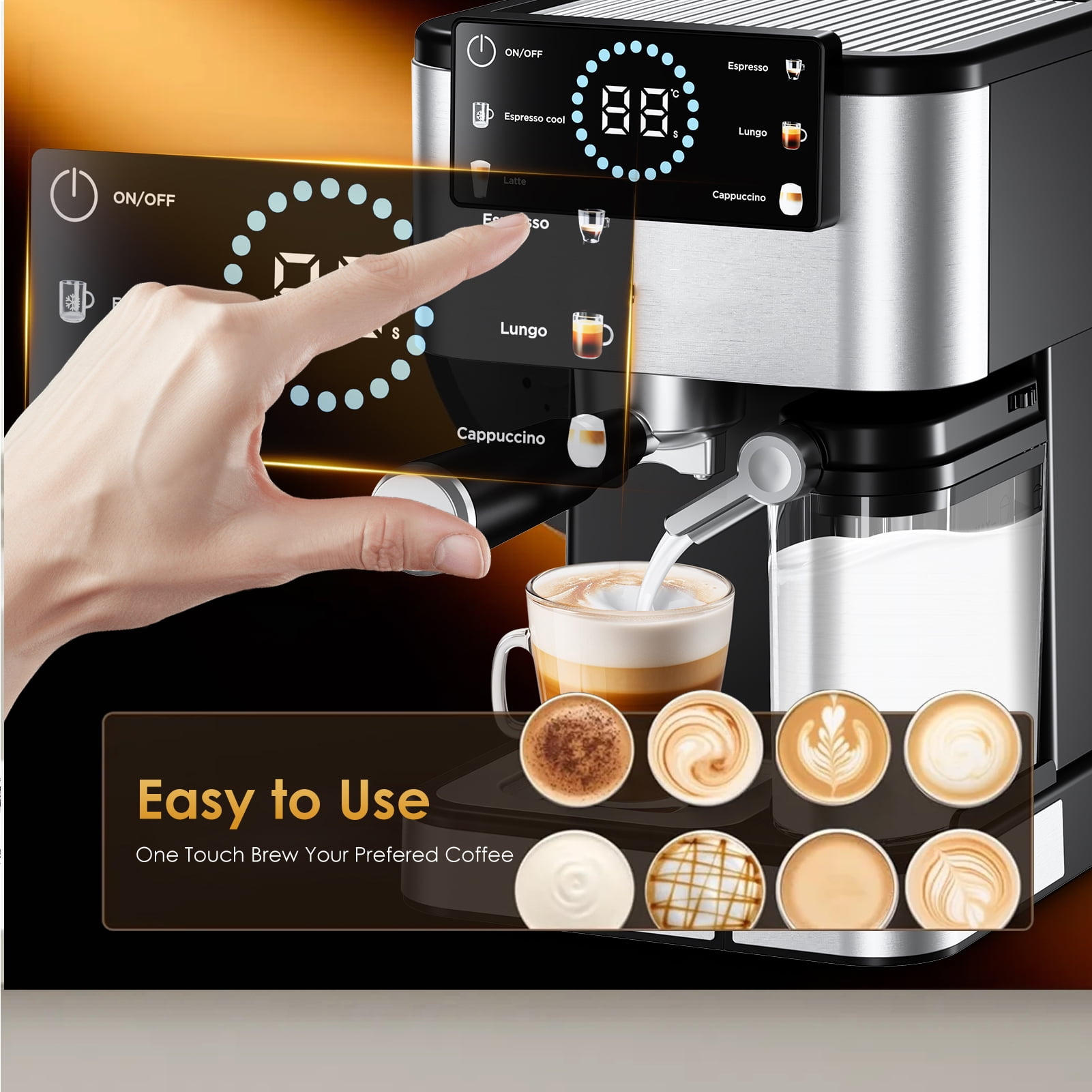 20 Bar Espresso Machine - Automatic Milk Frother, 1350W 30s Fast Heating, Touchscreen, ESE Pod Compatible, Black+Silver
