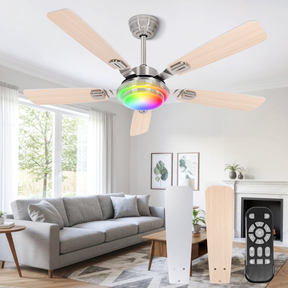OUTON 52" Modern Ceiling Fan with Light Kit and Remote Control, 6-Speed Quiet Reversible DC Motor, Flush Mount, Dimmable LED, 5 Blades for Bedroom, Living Room,Wood