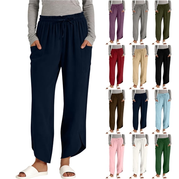 Women's Linen Straight-Leg Pants Casual Solid Color Stretch Waistband with Pockets Drawstring Asymmetrical Hem Trouser-Style Pants S-2XL