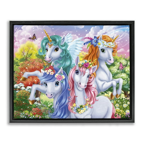 Stupell Industries Cute Unicorn Selfie Fantasy & Sci-Fi Painting Black Floater Framed Canvas Art Print Wall Art, 21 x 17