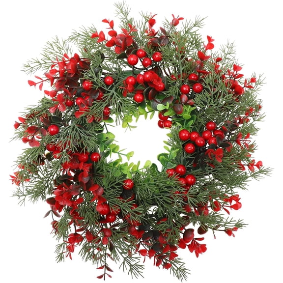 13.77in Faux Eucalyptus Christmas Wreath, Artificial Red Holly Berry Evergreen Wreath for Front Door Window Winter Holiday Wall Decor