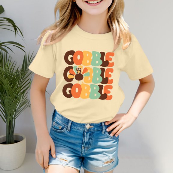 Girls Letter T Shirts Short Sleeve Crew Neck Beige Summer Casual Breathable Trendy Girls Tops Size 18-24 M