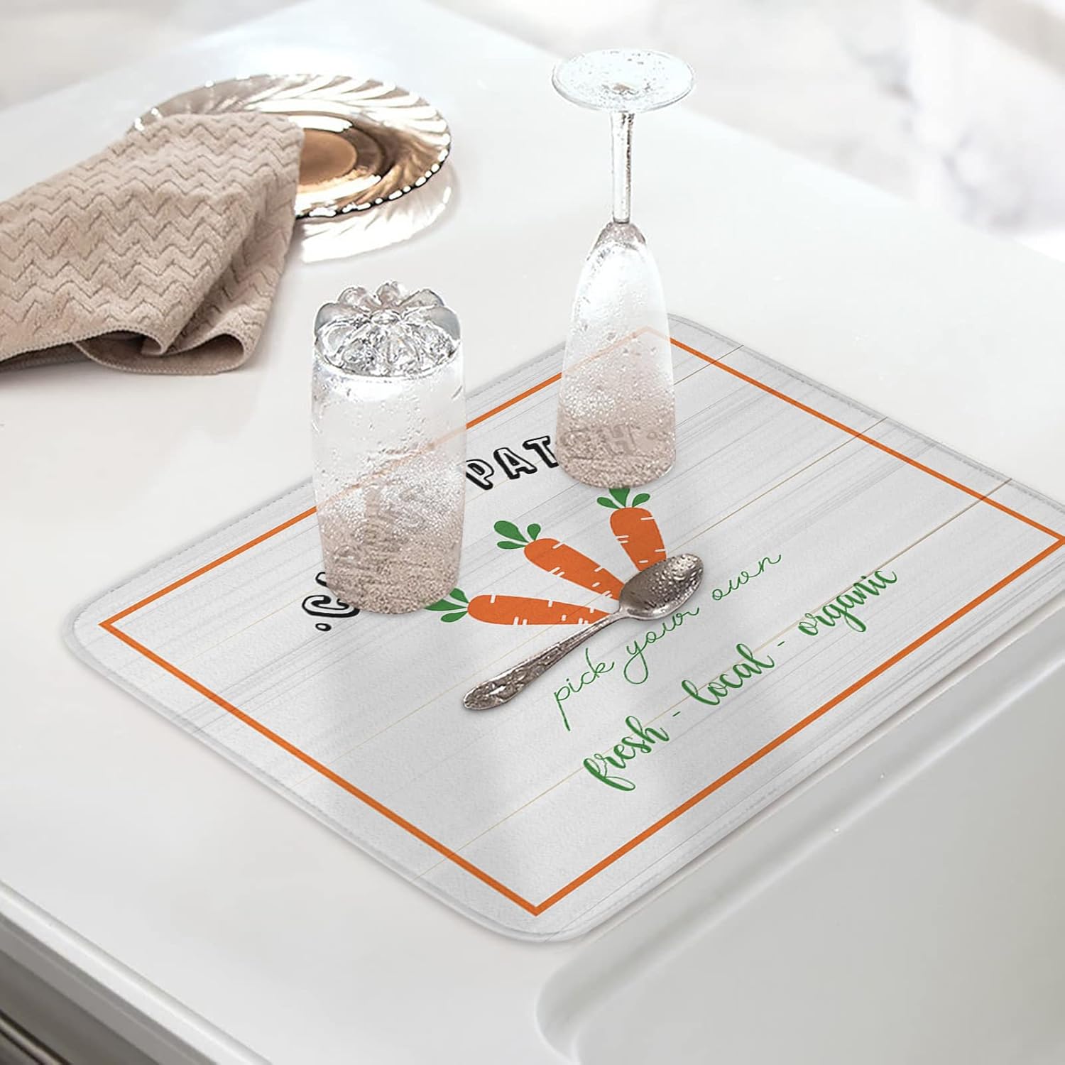 Spring Easter Dish Drying Mat for Kitchen Counter, Orange Board Carrot Vintage Wood Baby Bottle Microfiber Drying Pad, Absorbent Coffee Cup Dishes Drainer Mats 18"x24", 2 Pcs