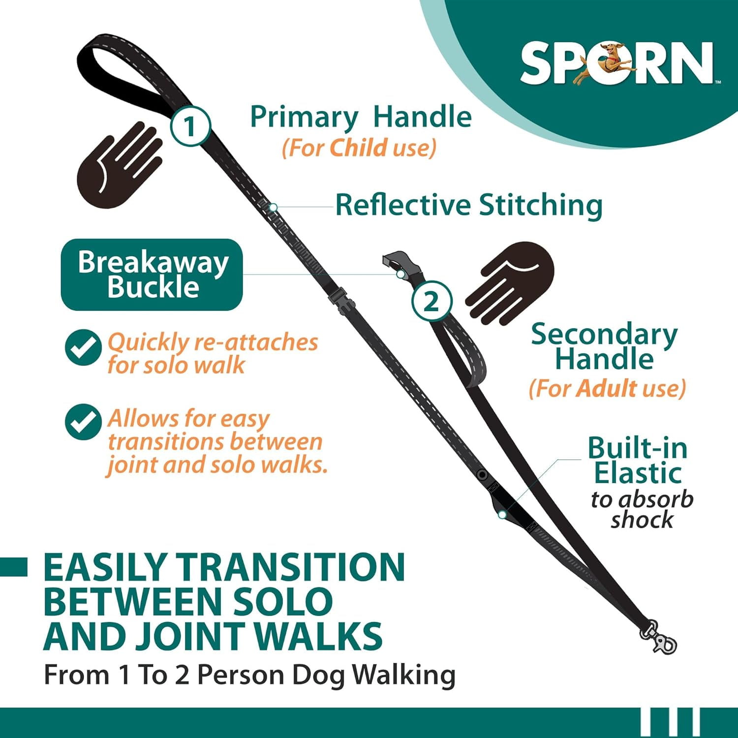 Sporn Child Co-Walk Training Dog Leash, 6 ft, Black