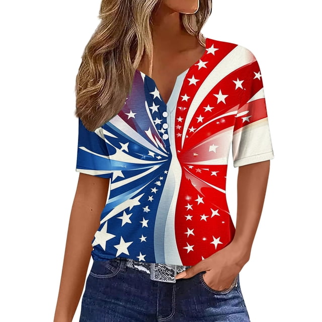 Tops de Manga Corta de Algodón para las Mujeres Impreso Cuello Redondo Blusa Imitación Estante de Algodón, Moda Casual Top para el Hogar Diario Y el Trabajo