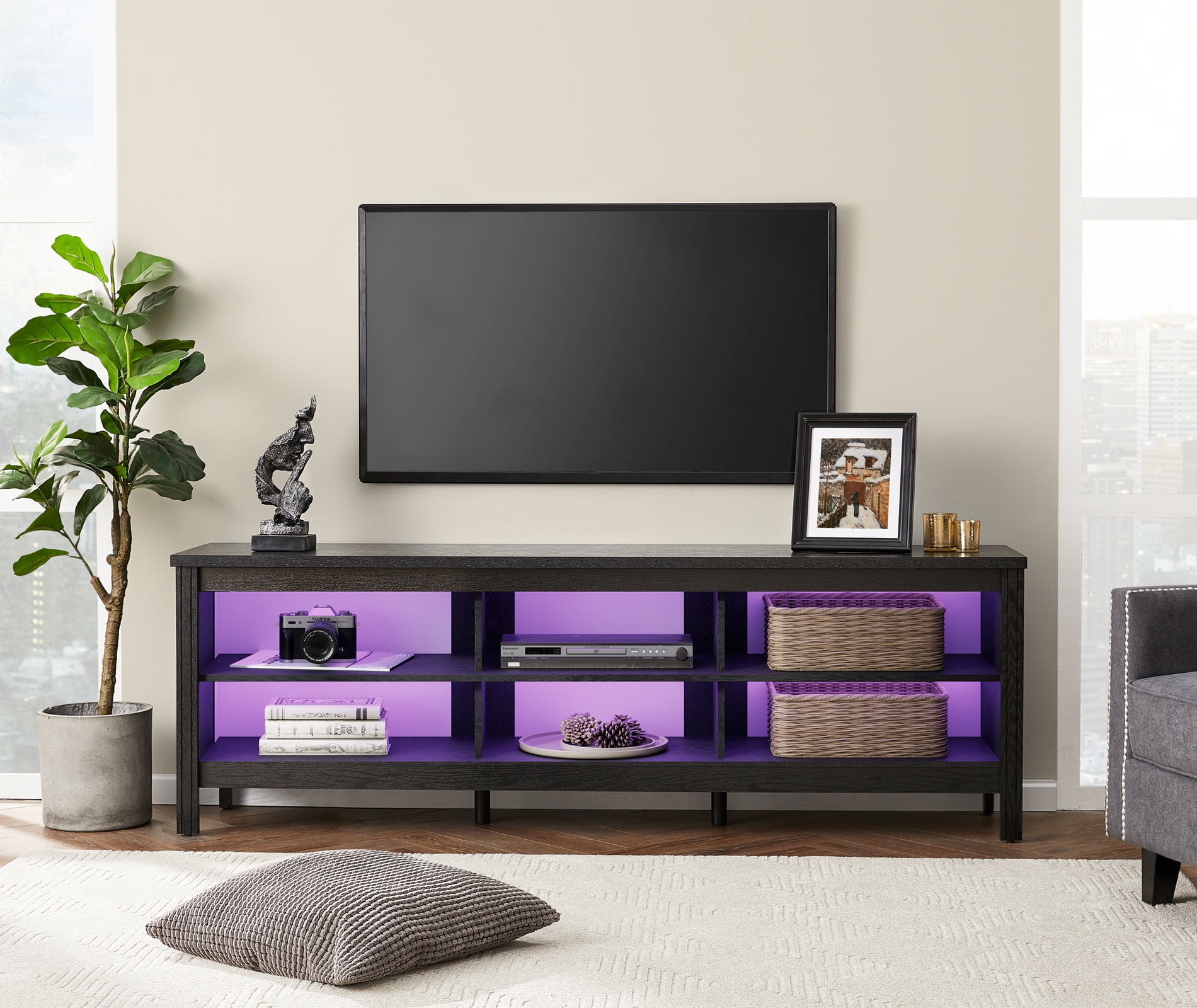 Farmhouse TV Stand for 75 inch TV with LED Light, Black Entertainment Center with 6 Storage for Living Room, Bedroom, 70 Inch