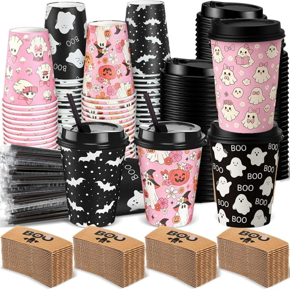 100 Sets 12 oz Halloween Disposable Coffee Cups with Lids and Sleeves Straws, Hot Coffee Paper Cups for holiday Party Drinks Supplies