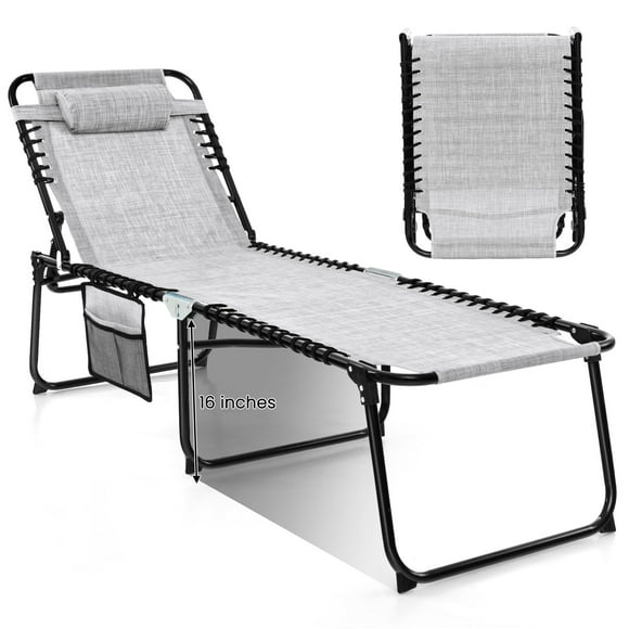 Patiojoy Patio Folding Chaise Lounge Chair Portable Sun Lounger with Adjustable Backrest & Detachable Pillow Gray
