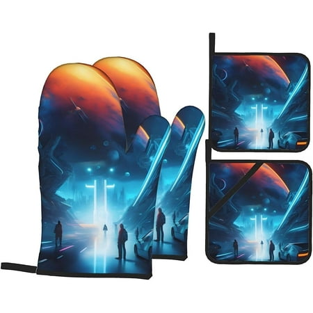 

Fiction Future Oven Mitt and Pot Holder Set Heat Resistant Oven Mitt Grill Mitt and Pot Holder Suitable for Kitchen Cooking and Baking and Microwave Oven (4 Pieces Set).