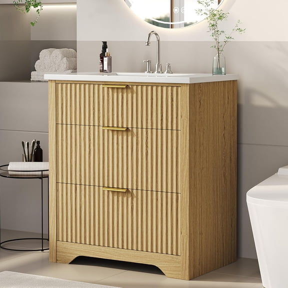 30" Fluted Bathroom Vanity with Sink, Farmhouse Freestanding Bathroom Sink Cabinet with 2 Drawers & 1 Flip-Down Drawer, Easy Assembly & Cleaning, Natural Oak