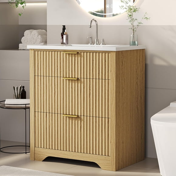 30-Inch Fluted Bathroom Vanity with Ceramic Sink Freestanding Farmhouse Bathroom Cabinet with 2 Drawers Flip-Down Storage and Easy Assembly