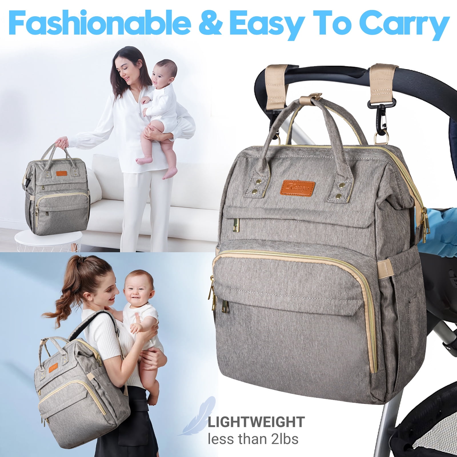 KABAQOO Baby Diaper Bag Backpack for Boy & Girls Travel Diaper Backpack Newborn Essentials Gift Grey