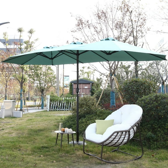 15FT Double-Sided Patio Umbrella, Large Size Outdoor Umbrella w/Crank, Polyester Canopy Umbrella, 12 Sturdy Ribs, UV Protection, 2in Steel Pole, Light Green