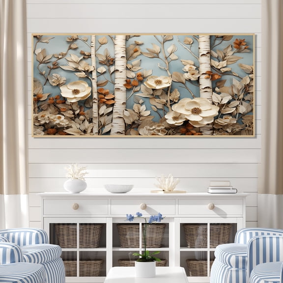 Designart "Forest Collage White American Basswood" Extra Large Landscapes Framed Wall Art - Country White Tree Entryway Framed Wall Art