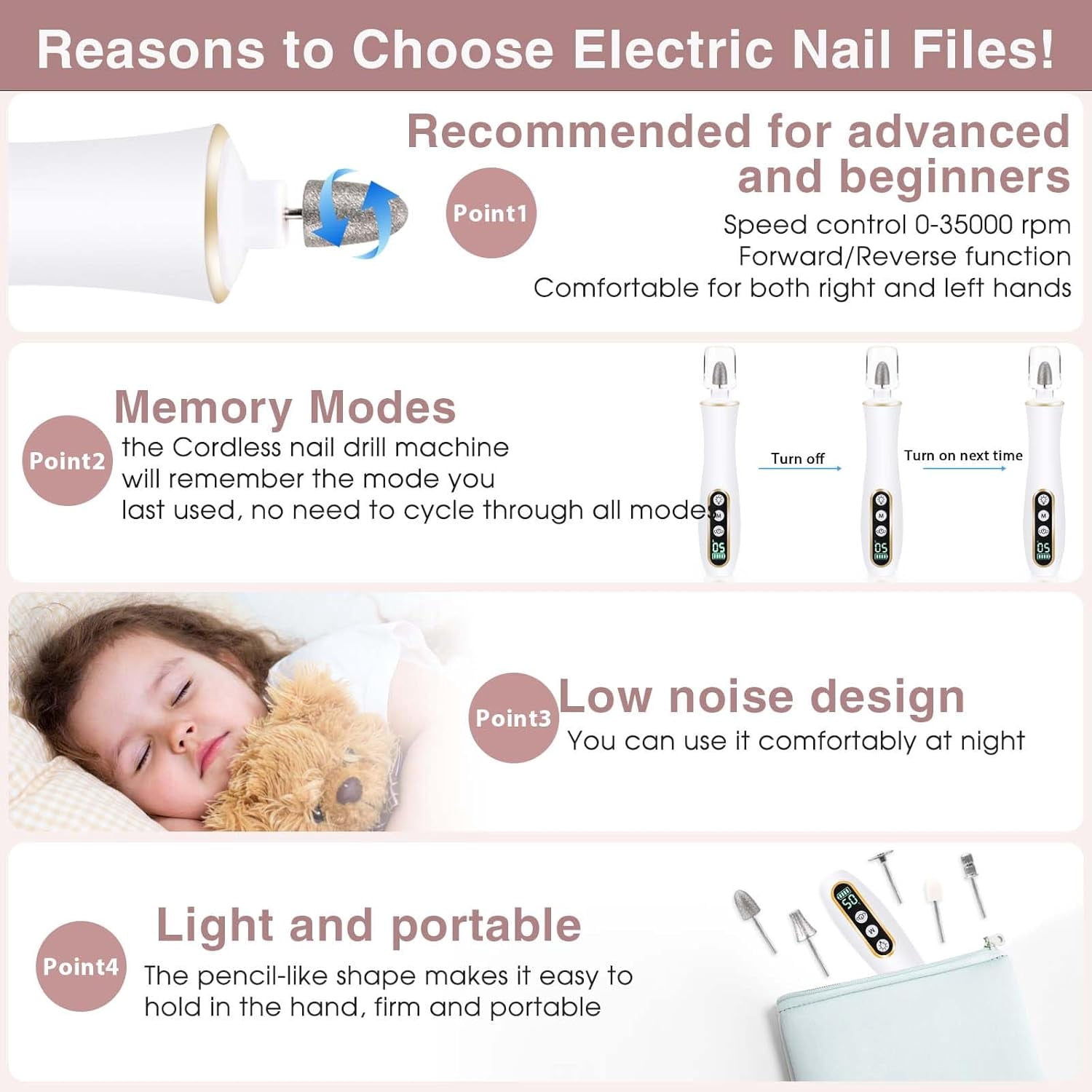 Cordless Electric Nail File Set, Portable Electric Nail Drill Machine, 5 Speeds, Manicure Pedicure Kit with Hand Foot Care Tool